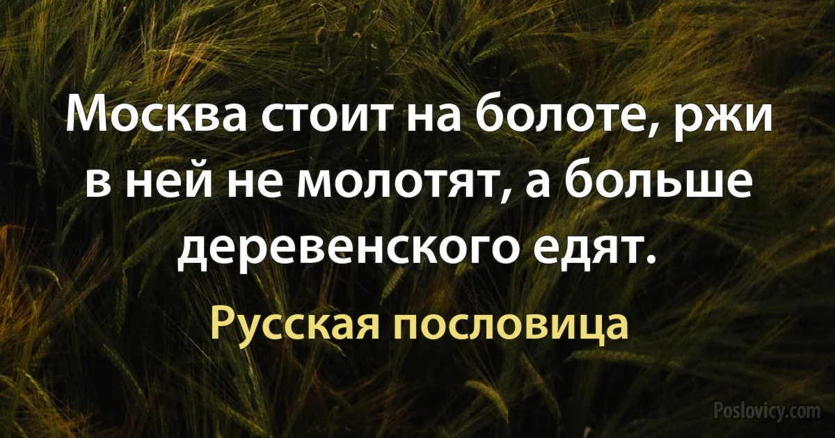 Москва стоит на болоте, ржи в ней не молотят, а больше деревенского едят. (Русская пословица)