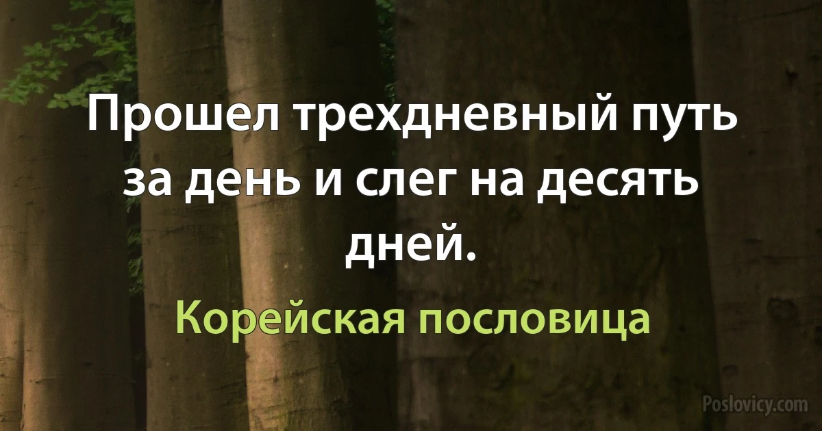 Прошел трехдневный путь за день и слег на десять дней. (Корейская пословица)