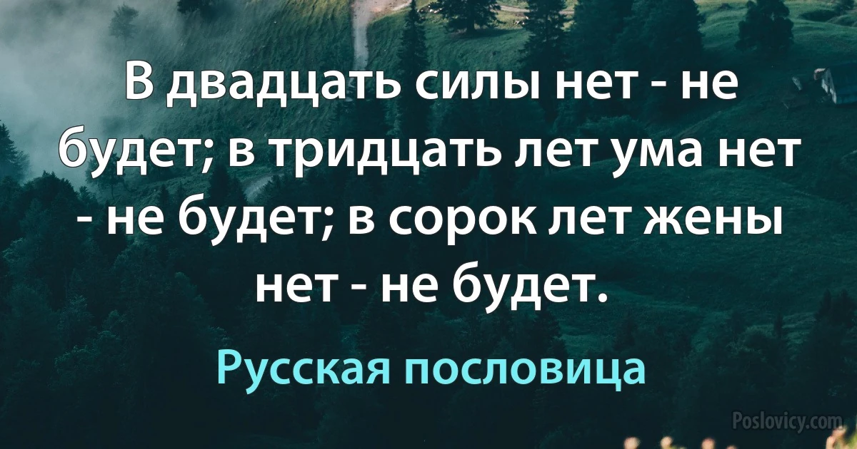 В двадцать силы нет - не будет; в тридцать лет ума нет - не будет; в сорок лет жены нет - не будет. (Русская пословица)