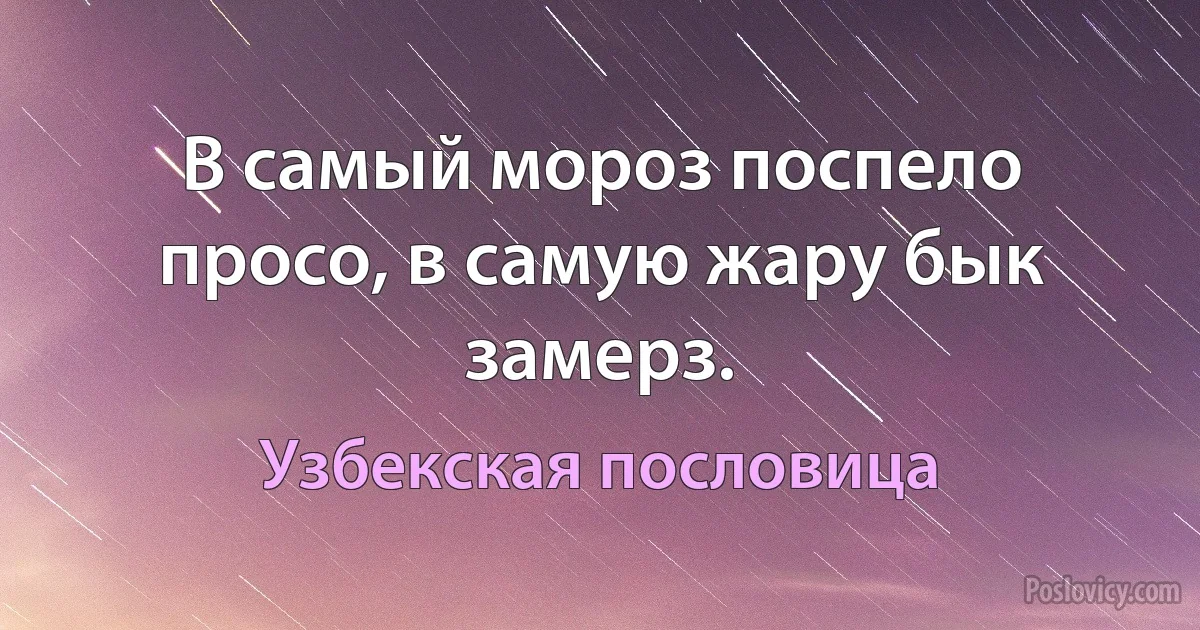 В самый мороз поспело просо, в самую жару бык замерз. (Узбекская пословица)