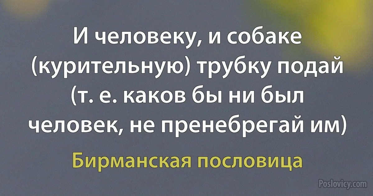 И человеку, и собаке (курительную) трубку подай (т. е. каков бы ни был человек, не пренебрегай им) (Бирманская пословица)