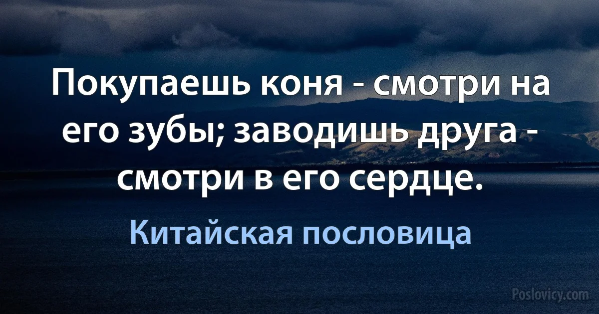 Покупаешь коня - смотри на его зубы; заводишь друга - смотри в его сердце. (Китайская пословица)