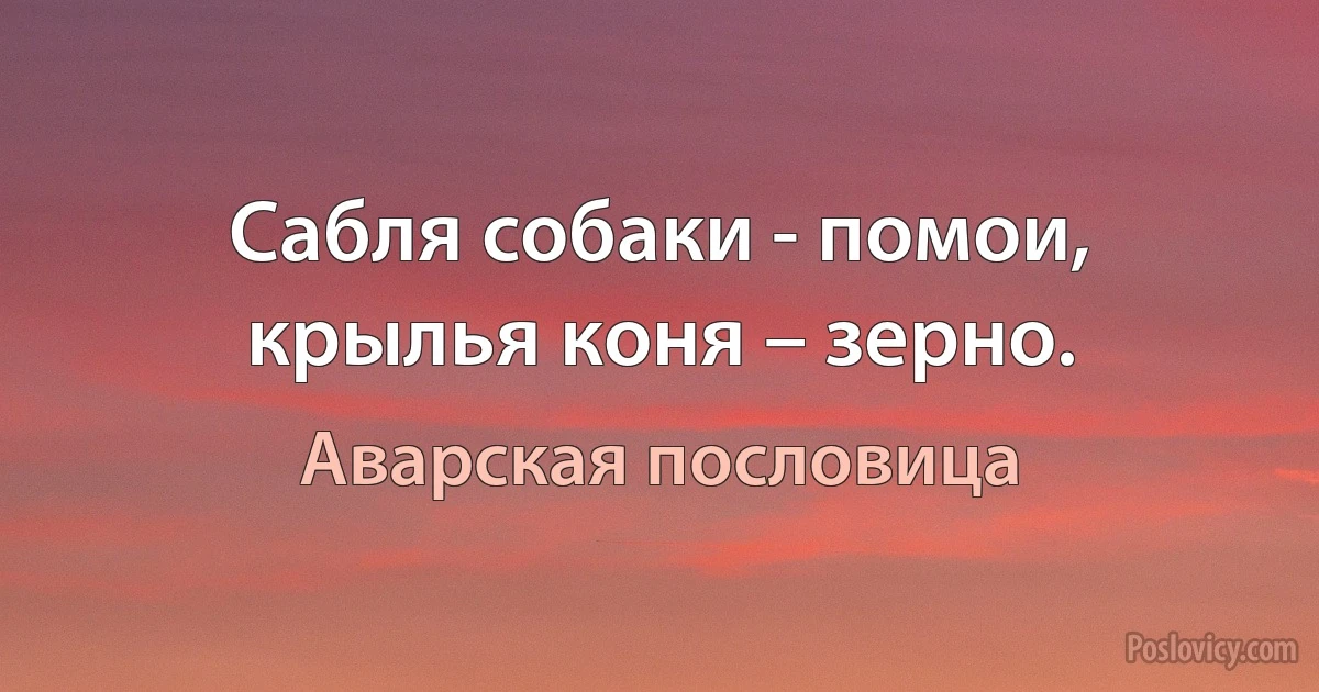 Сабля собаки - помои, крылья коня – зерно. (Аварская пословица)