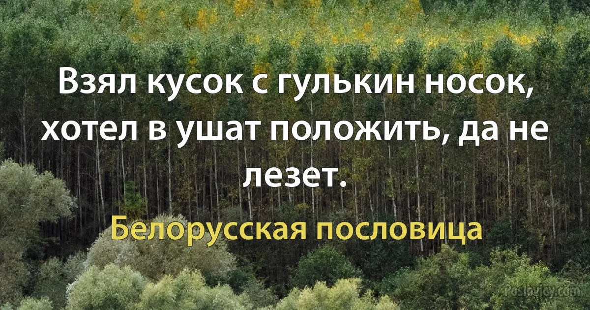 Взял кусок с гулькин носок, хотел в ушат положить, да не лезет. (Белорусская пословица)