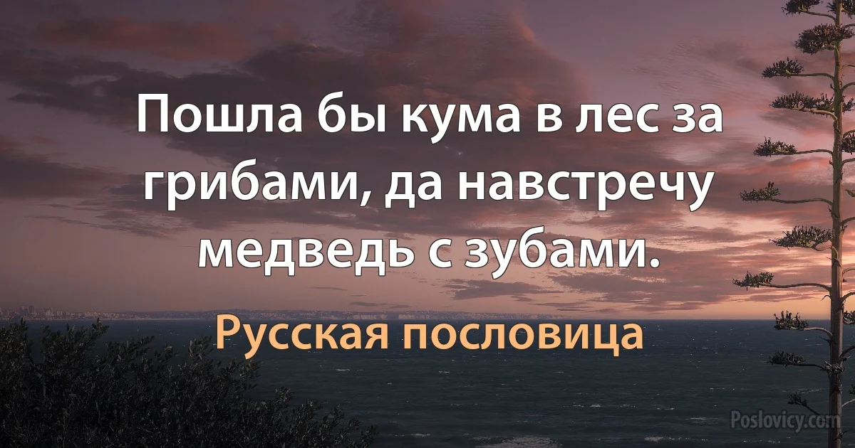 Пошла бы кума в лес за грибами, да навстречу медведь с зубами. (Русская пословица)