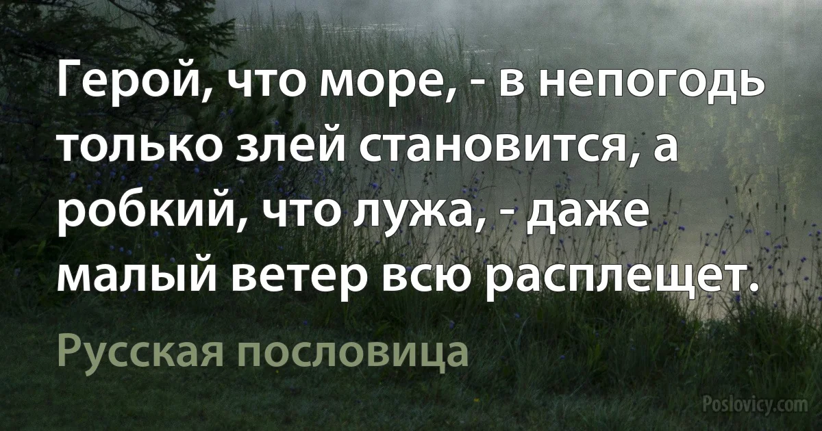 Герой, что море, - в непогодь только злей становится, а робкий, что лужа, - даже малый ветер всю расплещет. (Русская пословица)