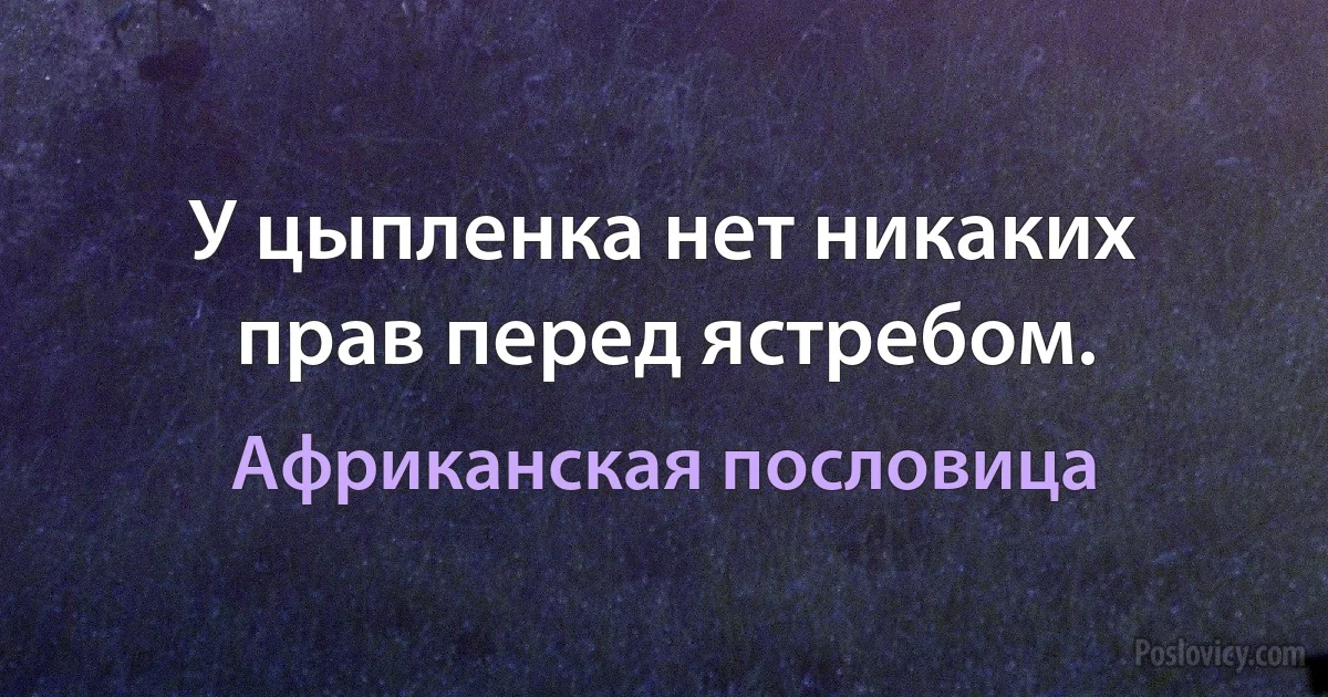 У цыпленка нет никаких прав перед ястребом. (Африканская пословица)