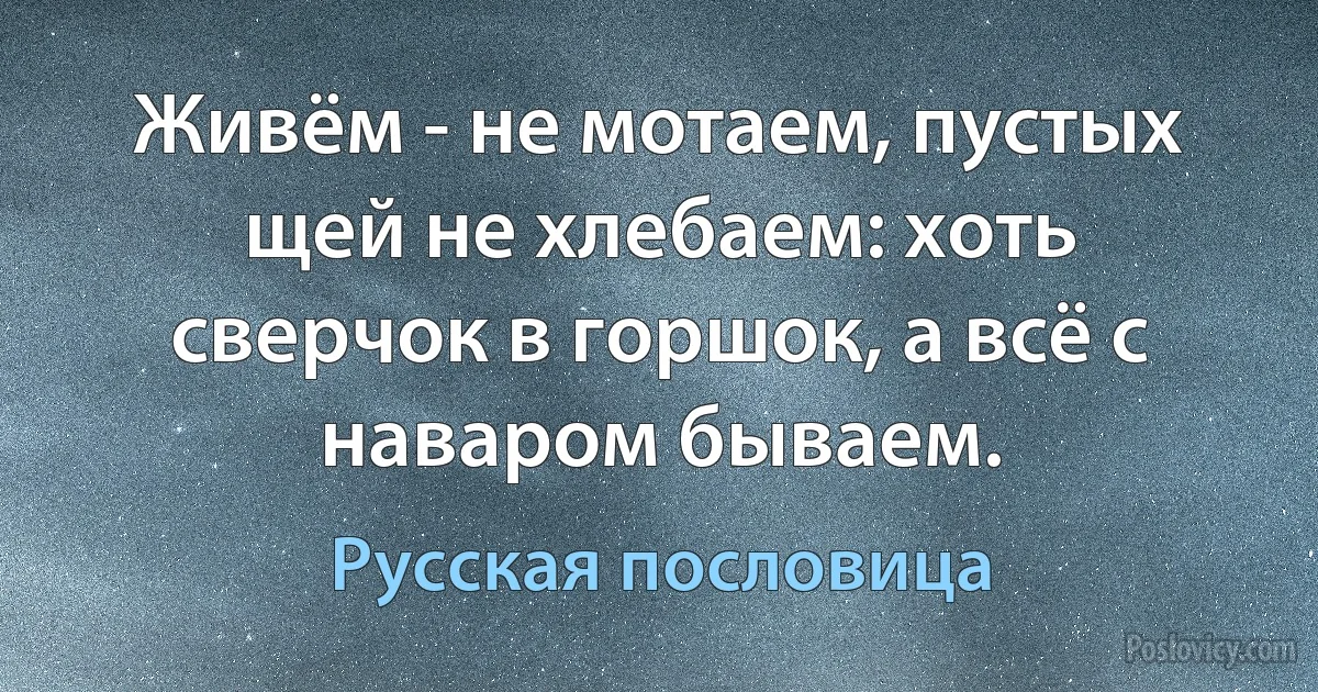 Живём - не мотаем, пустых щей не хлебаем: хоть сверчок в горшок, а всё с наваром бываем. (Русская пословица)