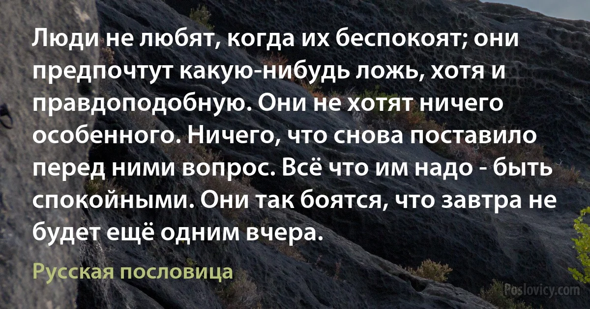 Люди не любят, когда их беспокоят; они предпочтут какую-нибудь ложь, хотя и правдоподобную. Они не хотят ничего особенного. Ничего, что снова поставило перед ними вопрос. Всё что им надо - быть спокойными. Они так боятся, что завтра не будет ещё одним вчера. (Русская пословица)