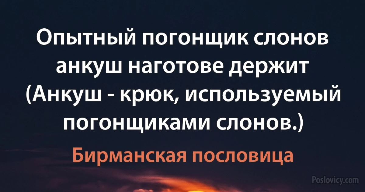 Опытный погонщик слонов анкуш наготове держит (Анкуш - крюк, используемый погонщиками слонов.) (Бирманская пословица)