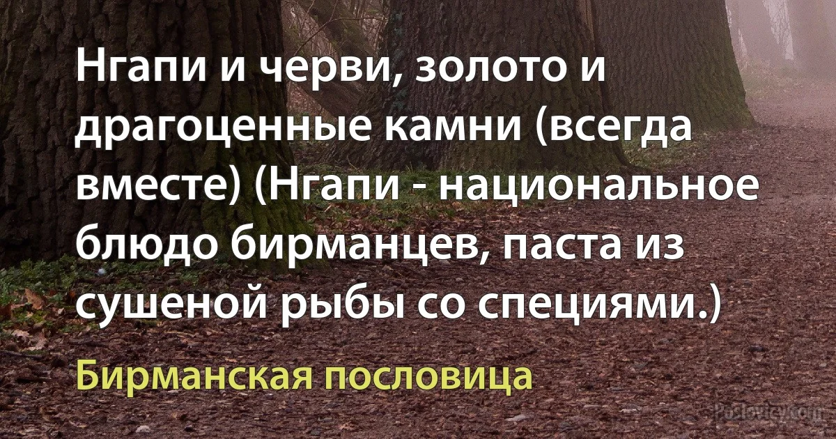 Нгапи и черви, золото и драгоценные камни (всегда вместе) (Нгапи - национальное блюдо бирманцев, паста из сушеной рыбы со специями.) (Бирманская пословица)