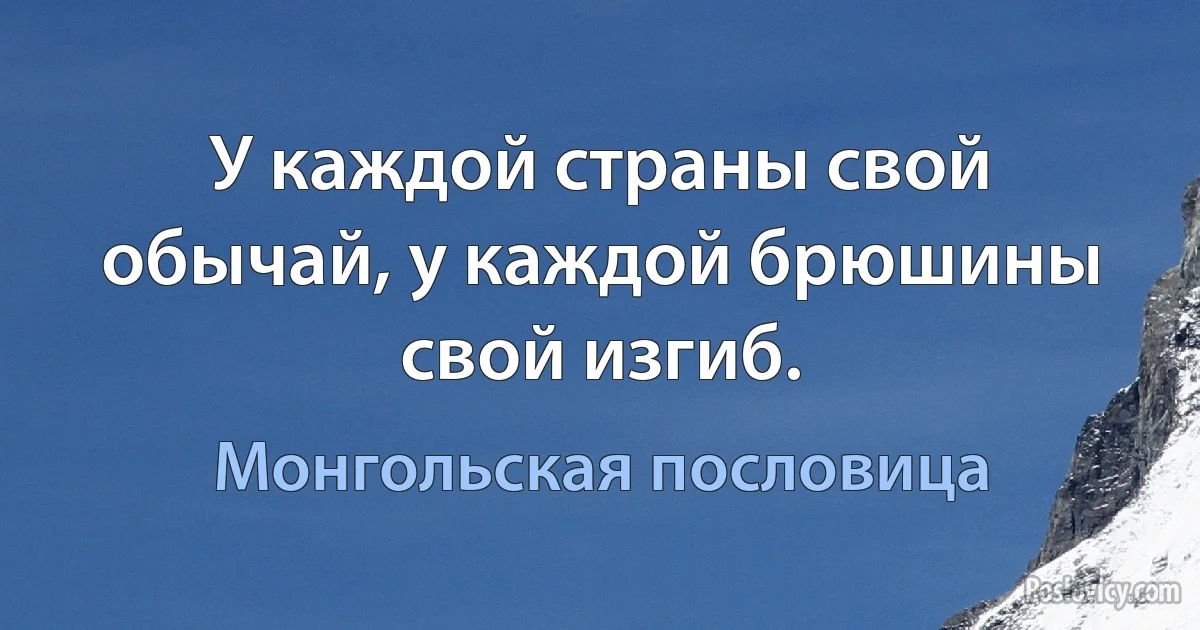 У каждой страны свой обычай, у каждой брюшины свой изгиб. (Монгольская пословица)