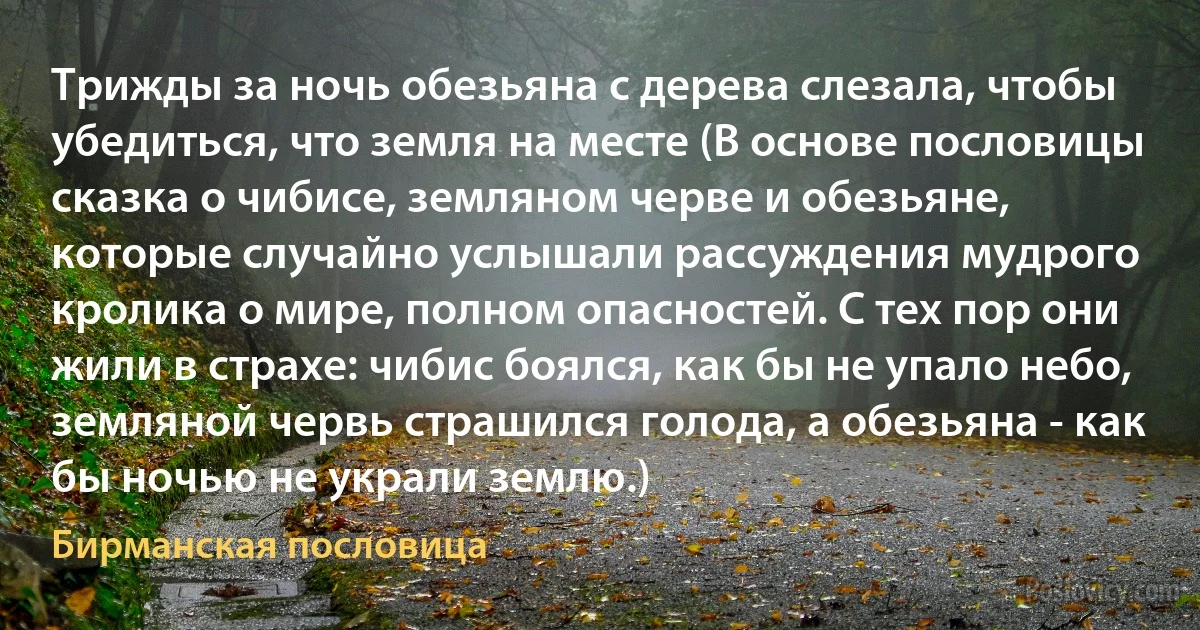 Трижды за ночь обезьяна с дерева слезала, чтобы убедиться, что земля на месте (В основе пословицы сказка о чибисе, земляном черве и обезьяне, которые случайно услышали рассуждения мудрого кролика о мире, полном опасностей. С тех пор они жили в страхе: чибис боялся, как бы не упало небо, земляной червь страшился голода, а обезьяна - как бы ночью не украли землю.) (Бирманская пословица)