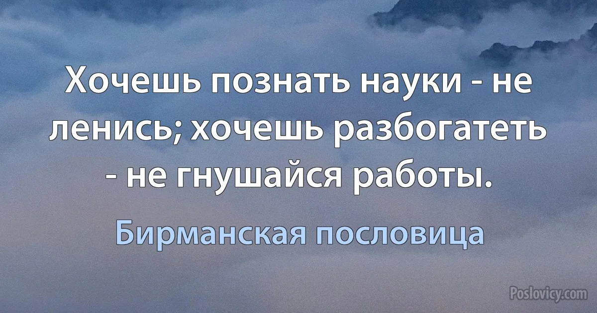 Хочешь познать науки - не ленись; хочешь разбогатеть - не гнушайся работы. (Бирманская пословица)