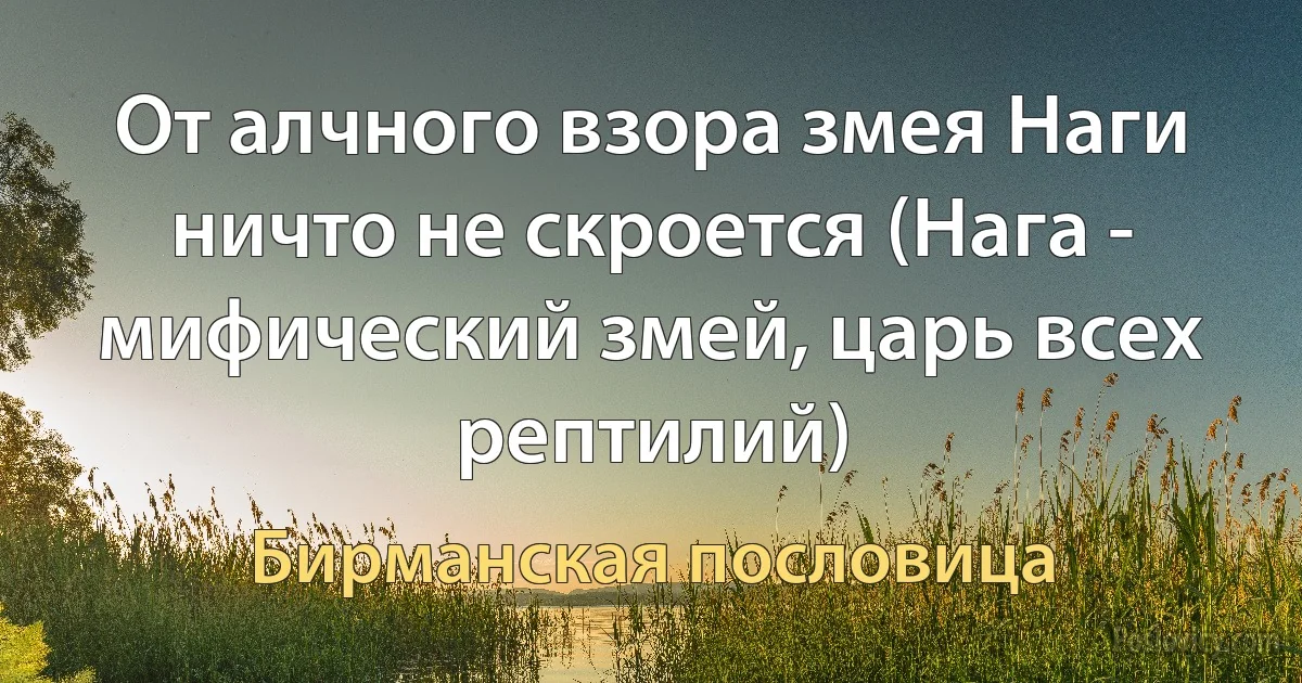 От алчного взора змея Наги ничто не скроется (Нага - мифический змей, царь всех рептилий) (Бирманская пословица)