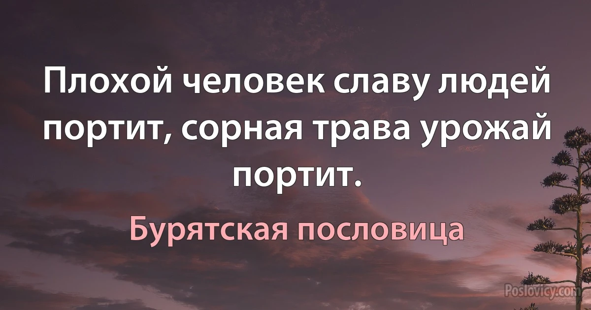 Плохой человек славу людей портит, сорная трава урожай портит. (Бурятская пословица)