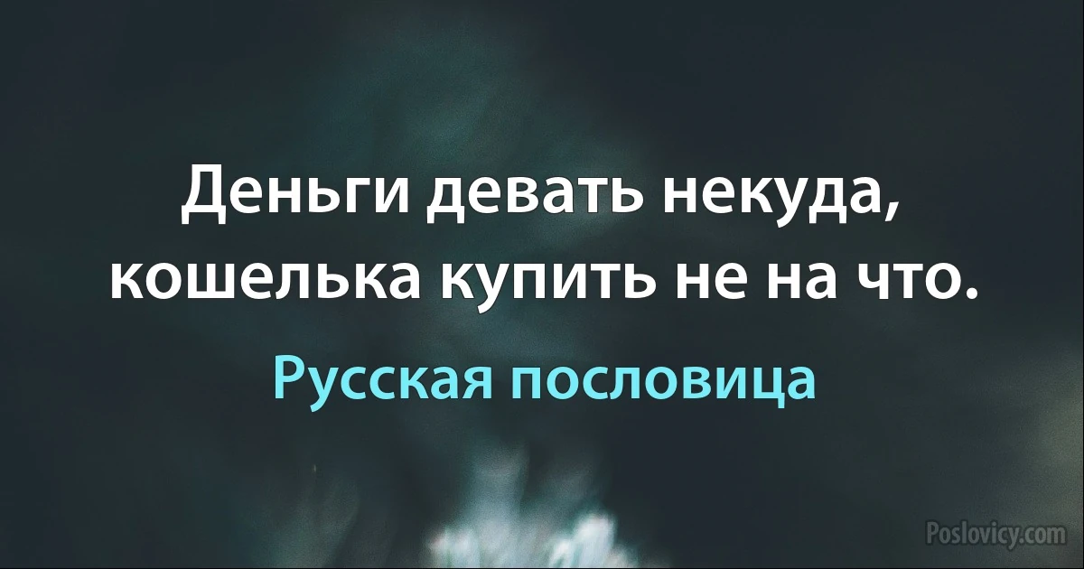 Деньги девать некуда, кошелька купить не на что. (Русская пословица)