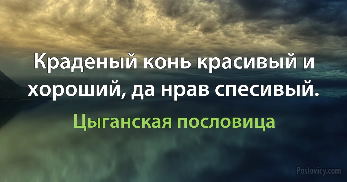 Краденый конь красивый и хороший, да нрав спесивый. (Цыганская пословица)