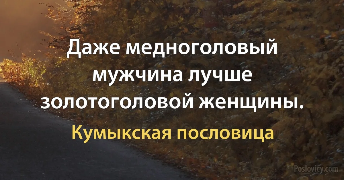 Даже медноголовый мужчина лучше золотоголовой женщины. (Кумыкская пословица)