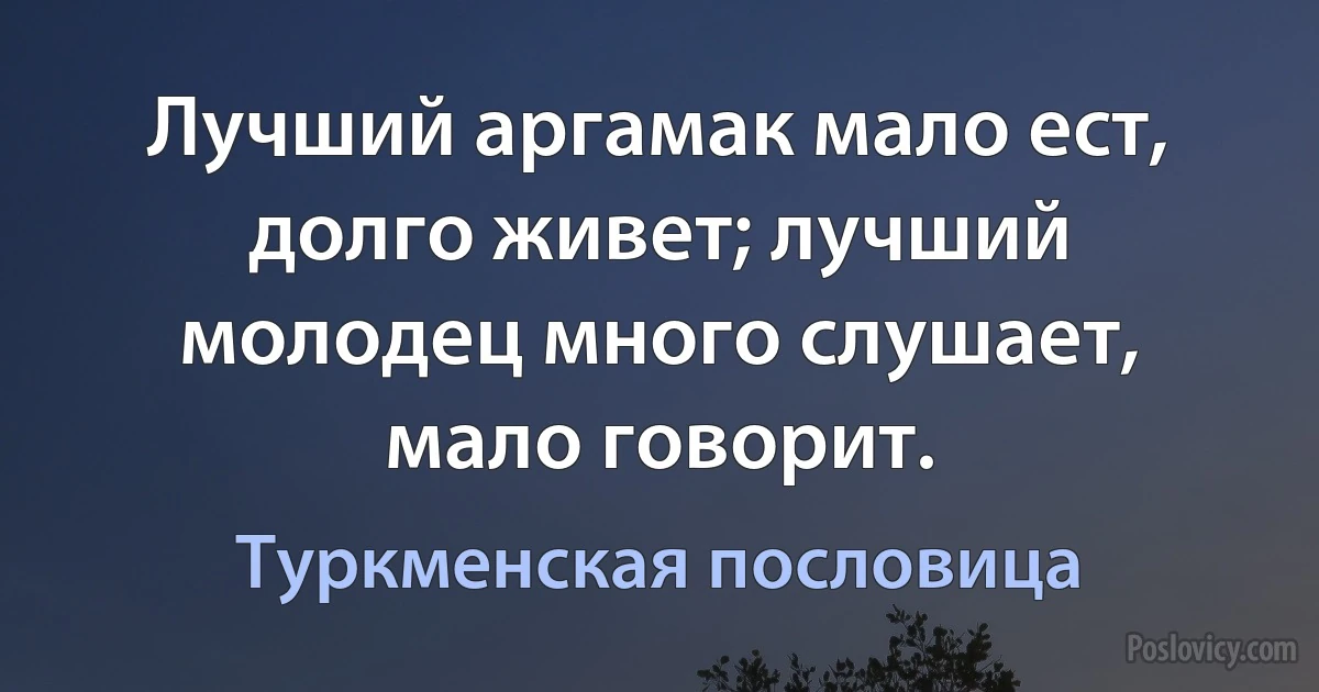 Лучший аргамак мало ест, долго живет; лучший молодец много слушает, мало говорит. (Туркменская пословица)