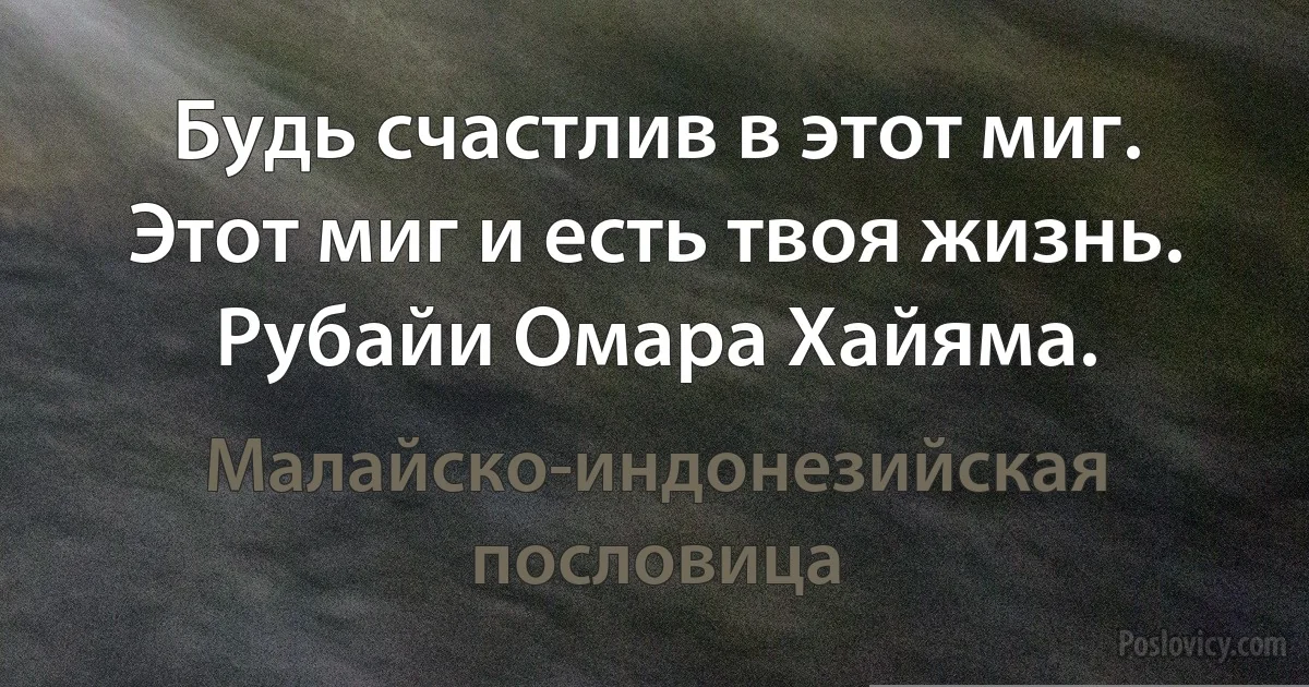 Будь счастлив в этот миг. Этот миг и есть твоя жизнь.
Рубайи Омара Хайяма. (Малайско-индонезийская пословица)