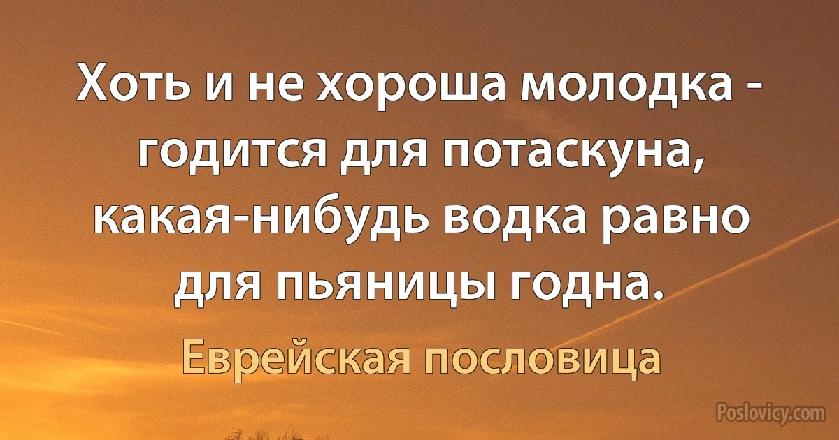 Хоть и не хороша молодка - годится для потаскуна, какая-нибудь водка равно для пьяницы годна. (Еврейская пословица)