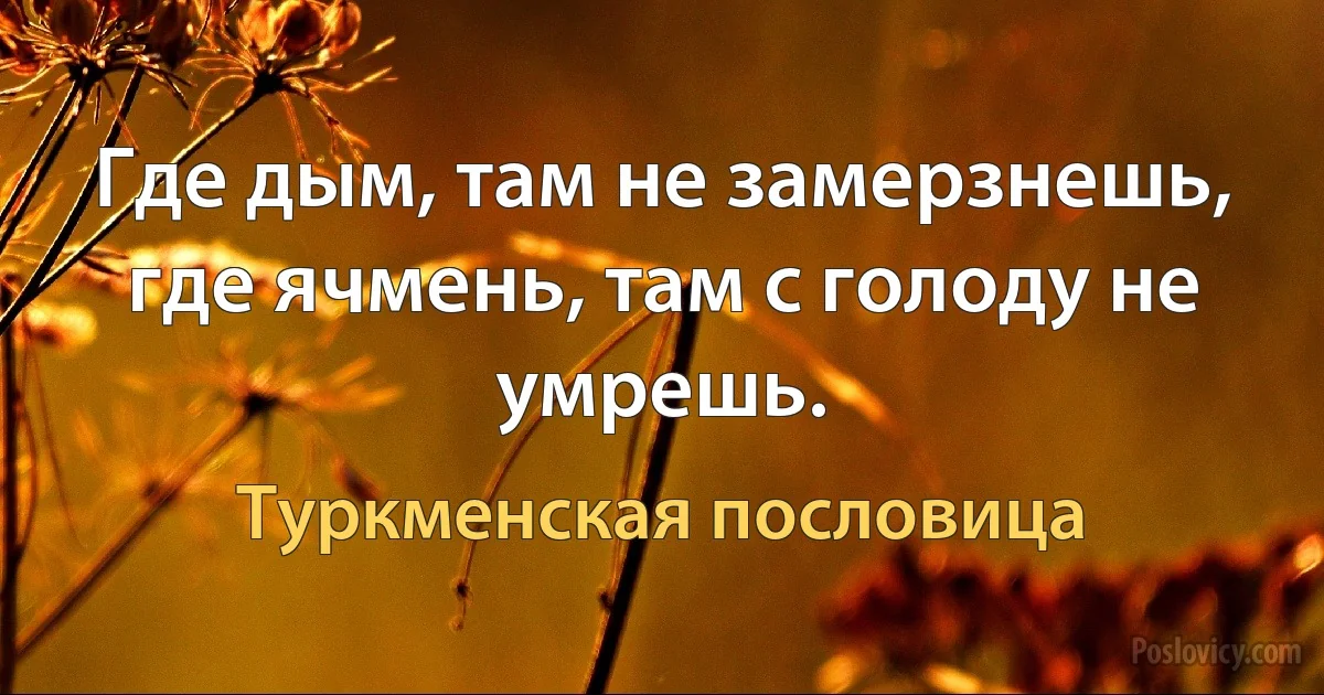 Где дым, там не замерзнешь, где ячмень, там с голоду не умрешь. (Туркменская пословица)