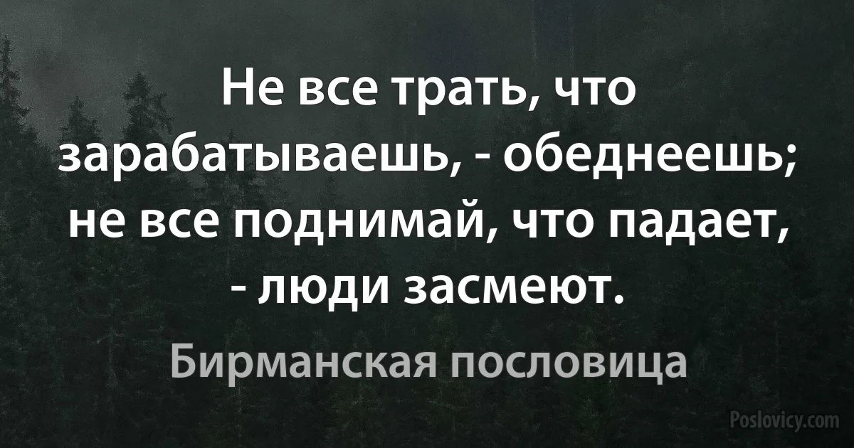 Не все трать, что зарабатываешь, - обеднеешь; не все поднимай, что падает, - люди засмеют. (Бирманская пословица)