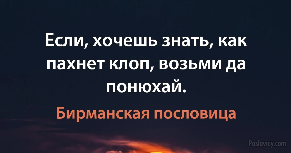 Если, хочешь знать, как пахнет клоп, возьми да понюхай. (Бирманская пословица)