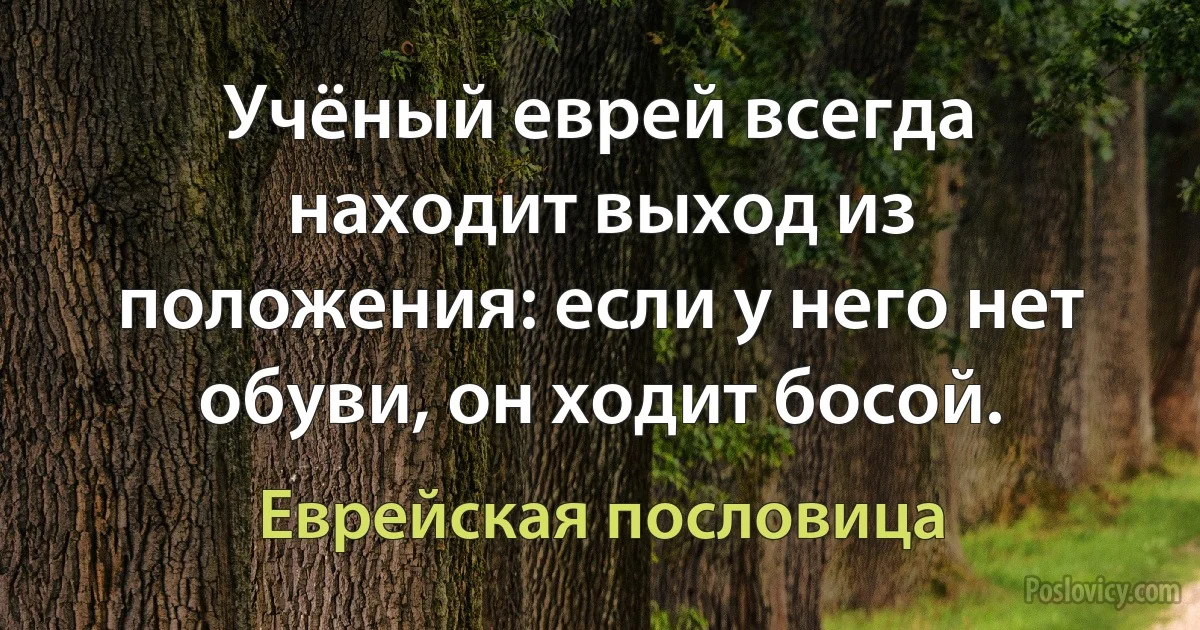 Учёный еврей всегда находит выход из положения: если у него нет обуви, он ходит босой. (Еврейская пословица)