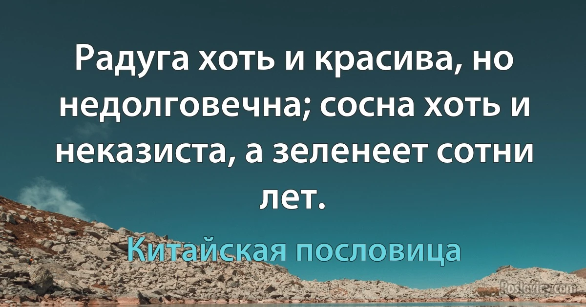 Радуга хоть и красива, но недолговечна; сосна хоть и неказиста, а зеленеет сотни лет. (Китайская пословица)